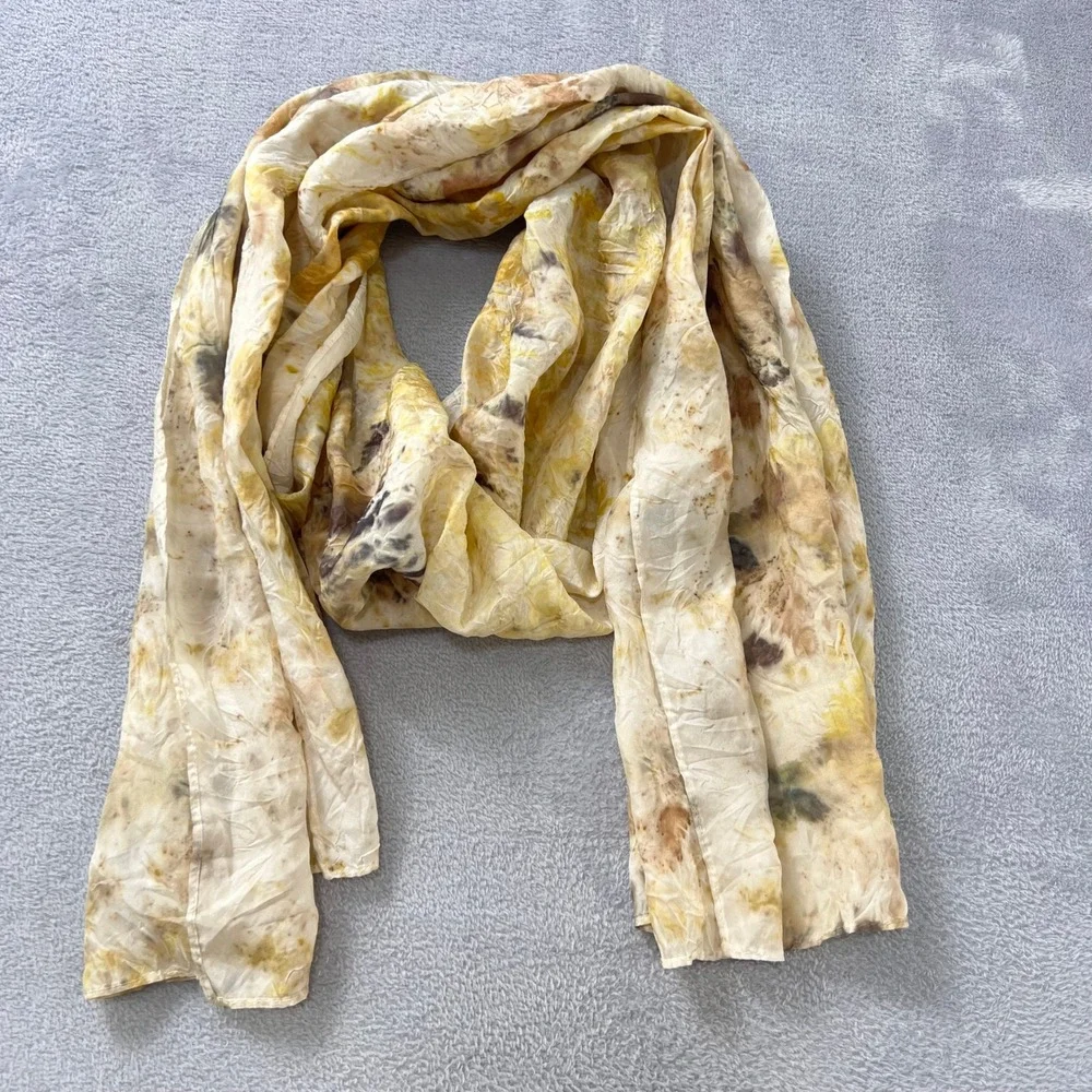 100% Silk Long Wrap Scarf Eco Dyed Botanical Print Mustard Yellow‎ Earthy Boho